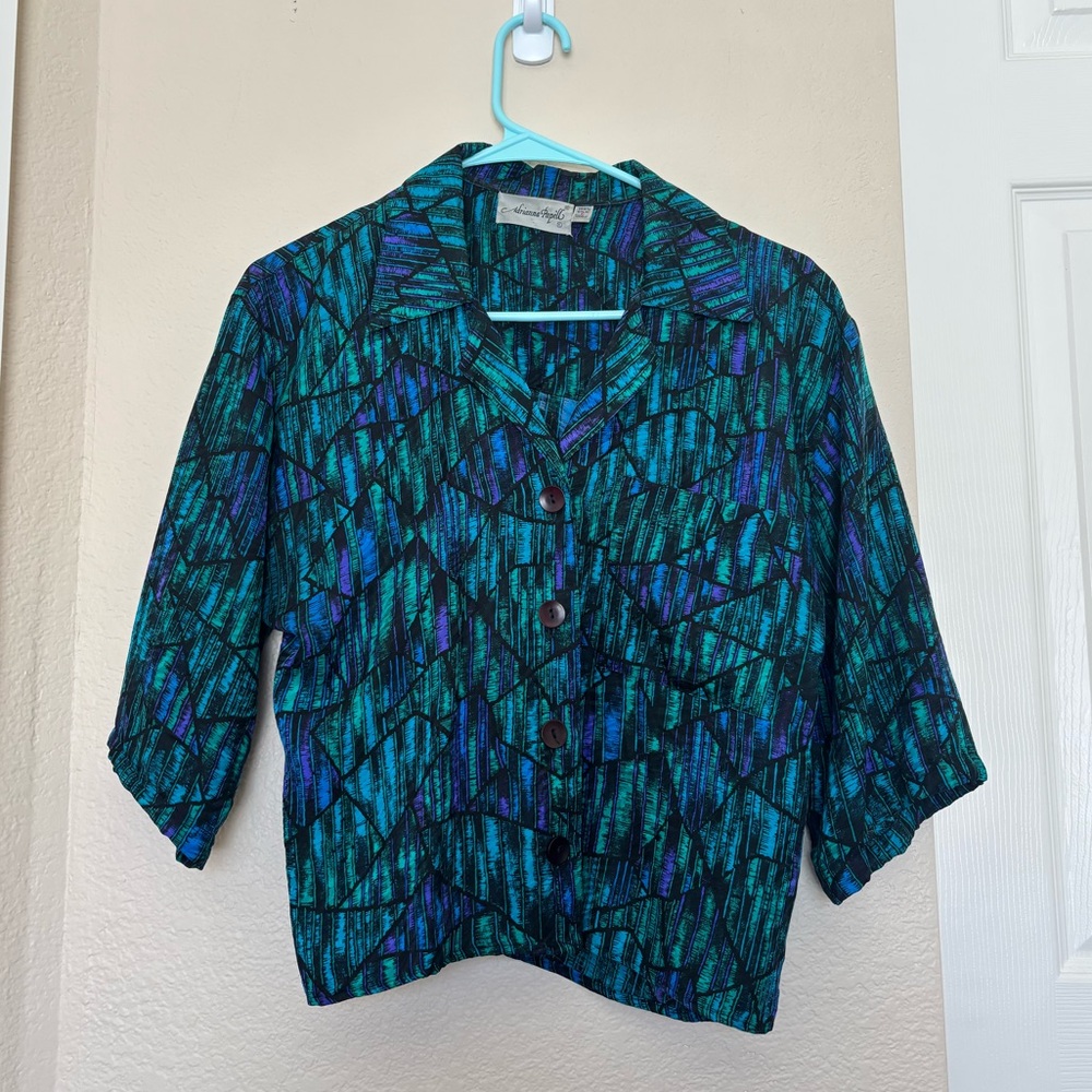 Adrianna Papell 100% Silk Vintage Blue and Green Blouse